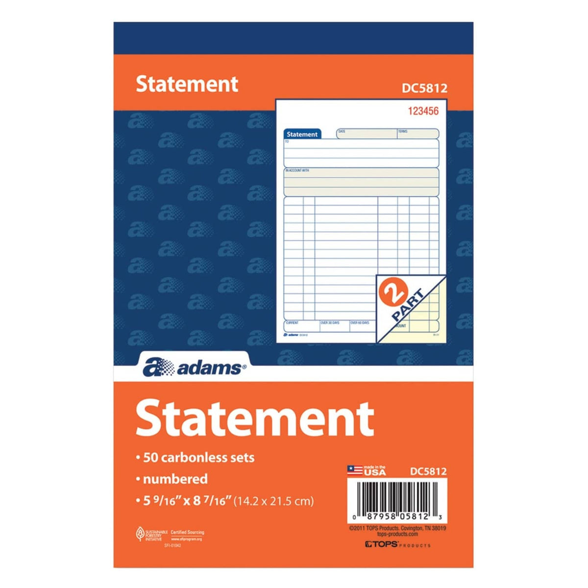 Carbonless 2-part statement set package, orange and blue with Statement label