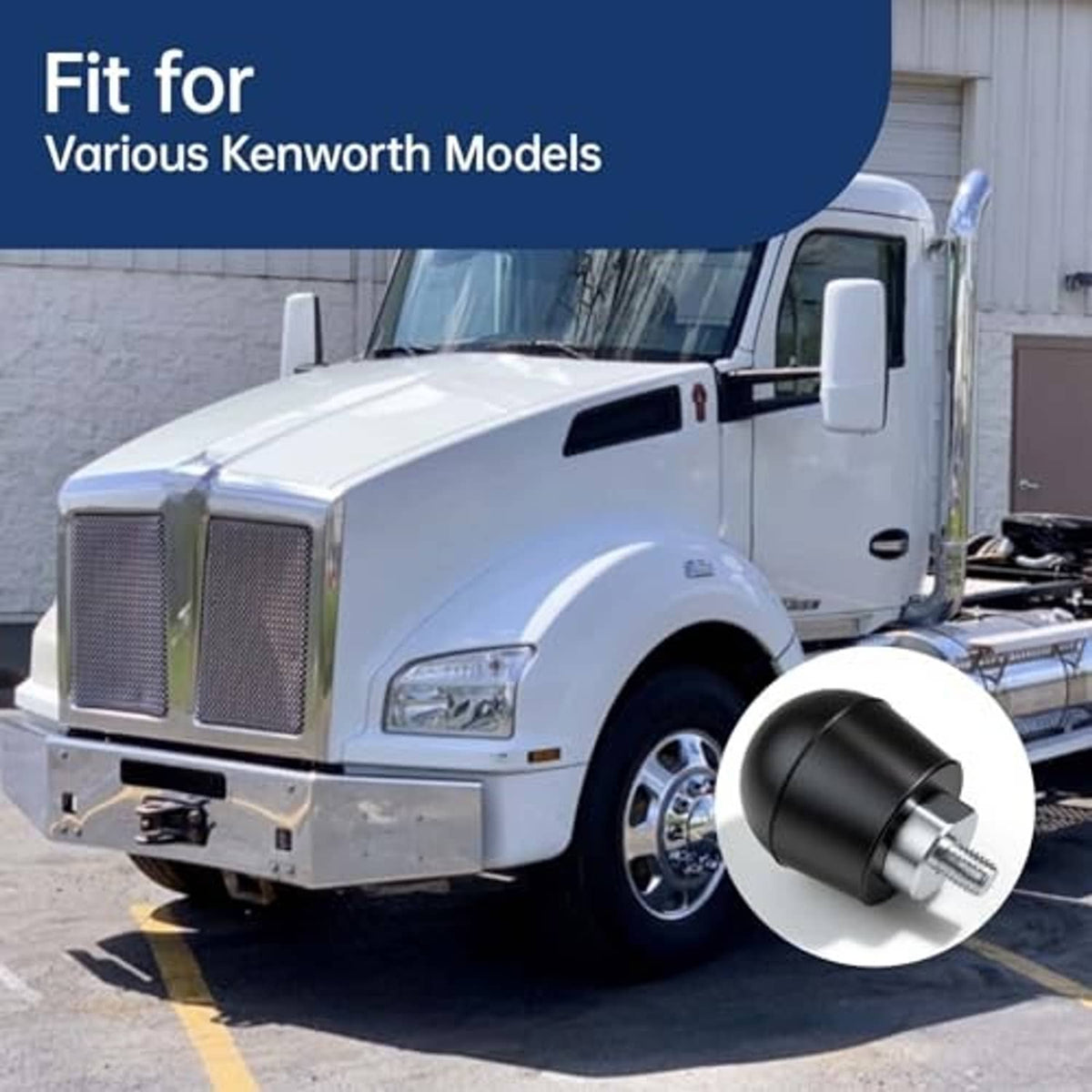 Black rubber bumper stop with metal flange and threaded bolt for Kenworth fitment