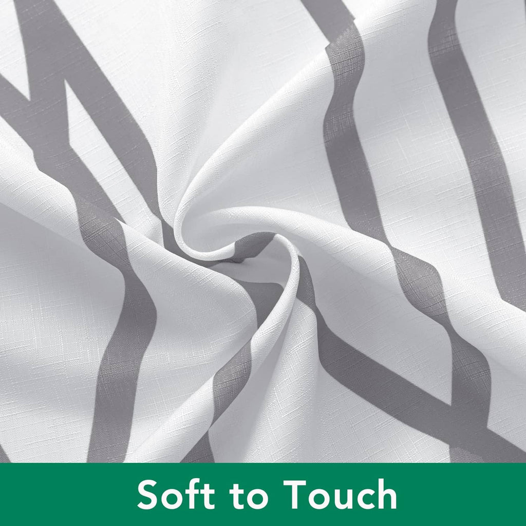 Silver gray faux linen shower curtain fabric with soft drape and wavy stripe pattern