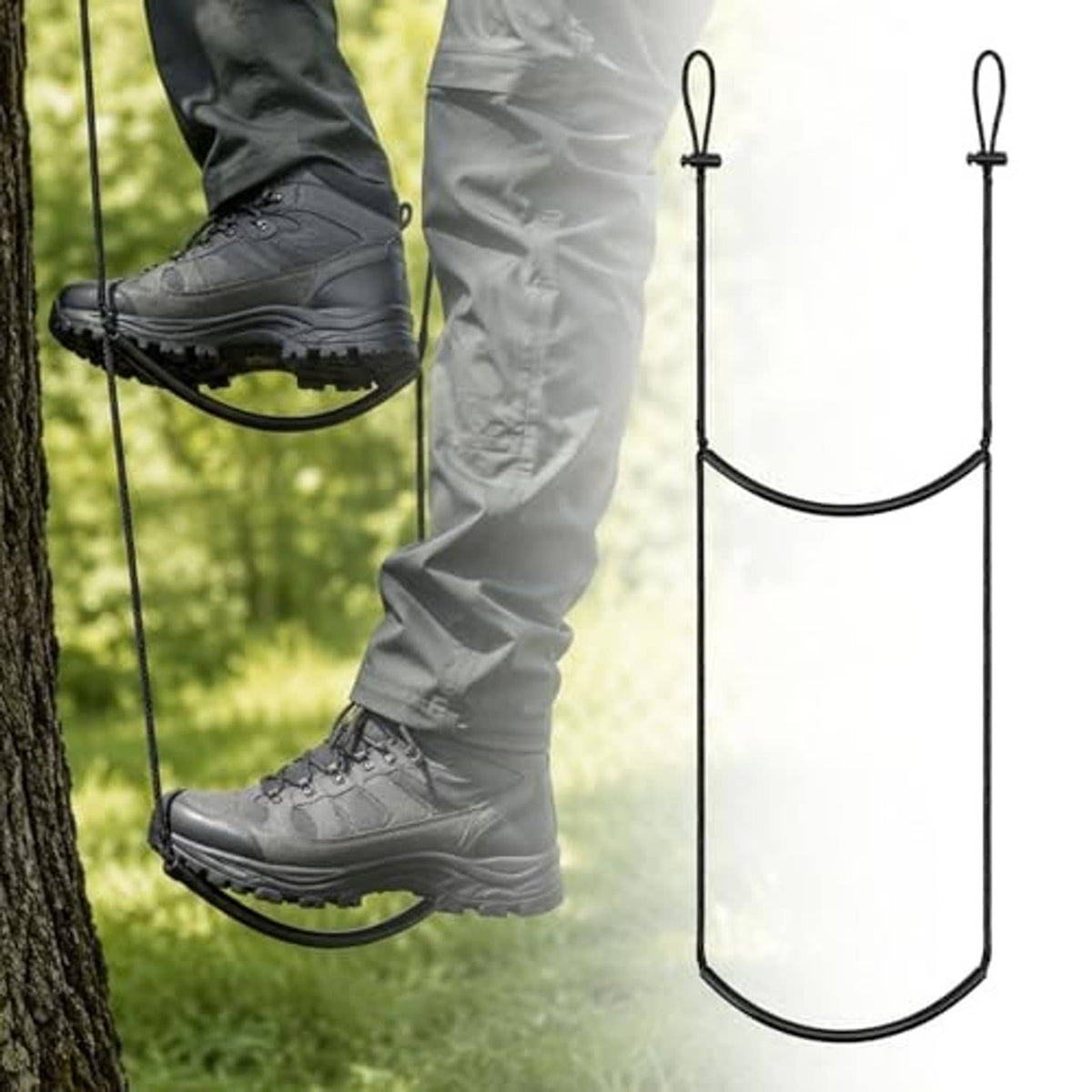 Two-step rope ladder with black foot platforms and gray boots on tree