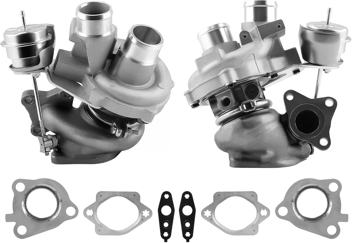 Pair of silver turbochargers with gaskets and mounting brackets, side view
