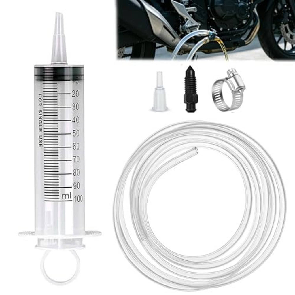 Brake bleeder kit set with clear syringe, clear hose, black plug, and metal clamp