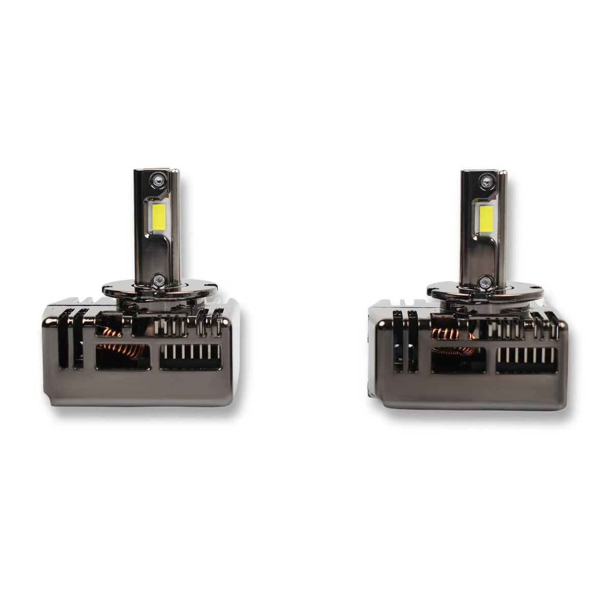 Pair of D5S LED headlight bulbs with upright LED emitters on metal heat-sink bases