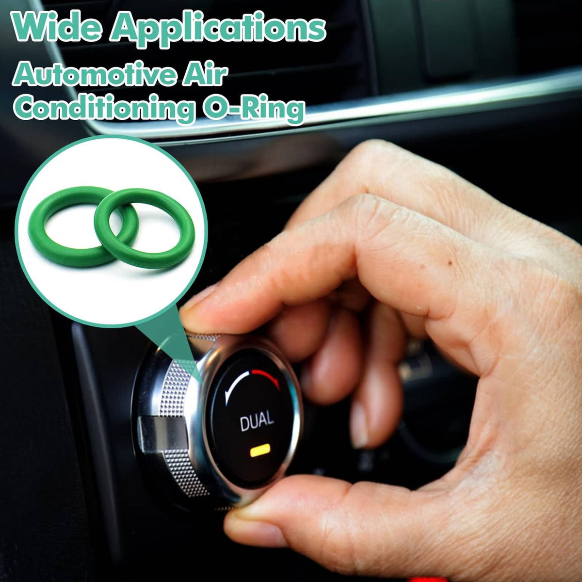 Green O-rings inset with hand turning car air conditioning control knob