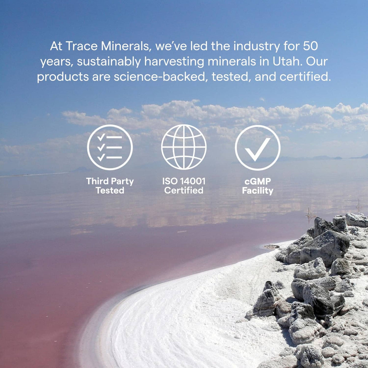 Quality certification icons for Trace Minerals over snowy landscape