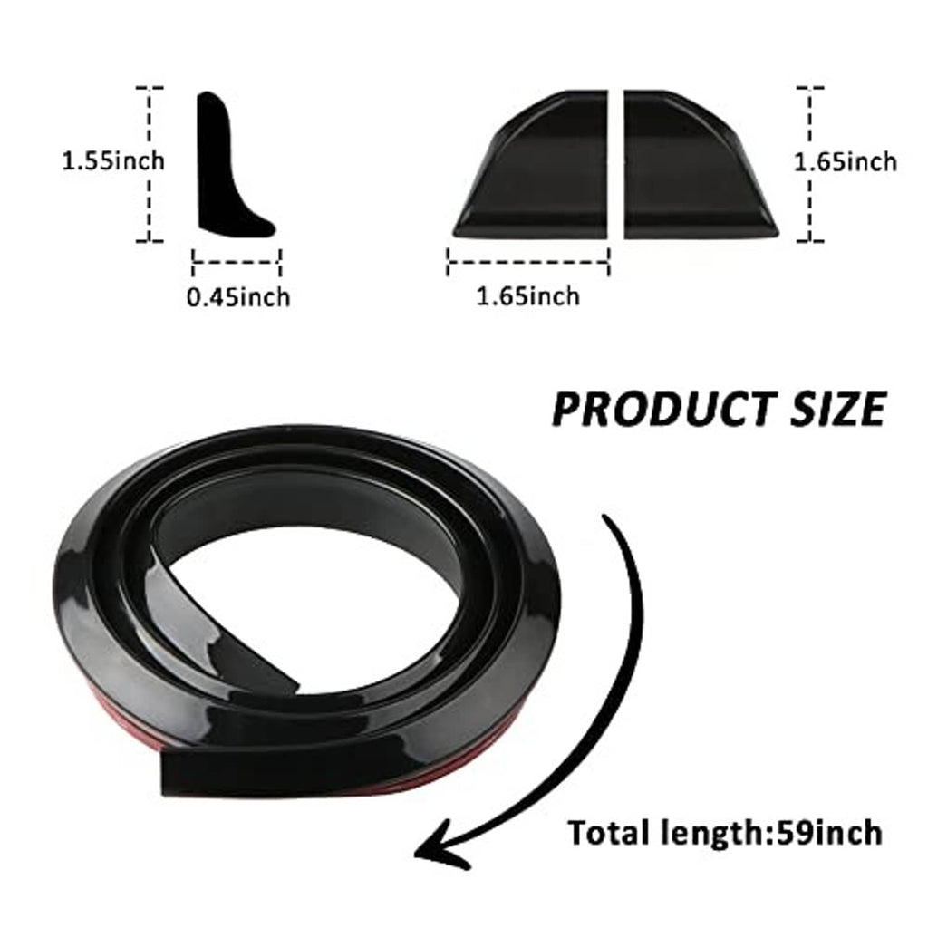 Glossy black trunk spoiler lip strip shown with size and curved profile