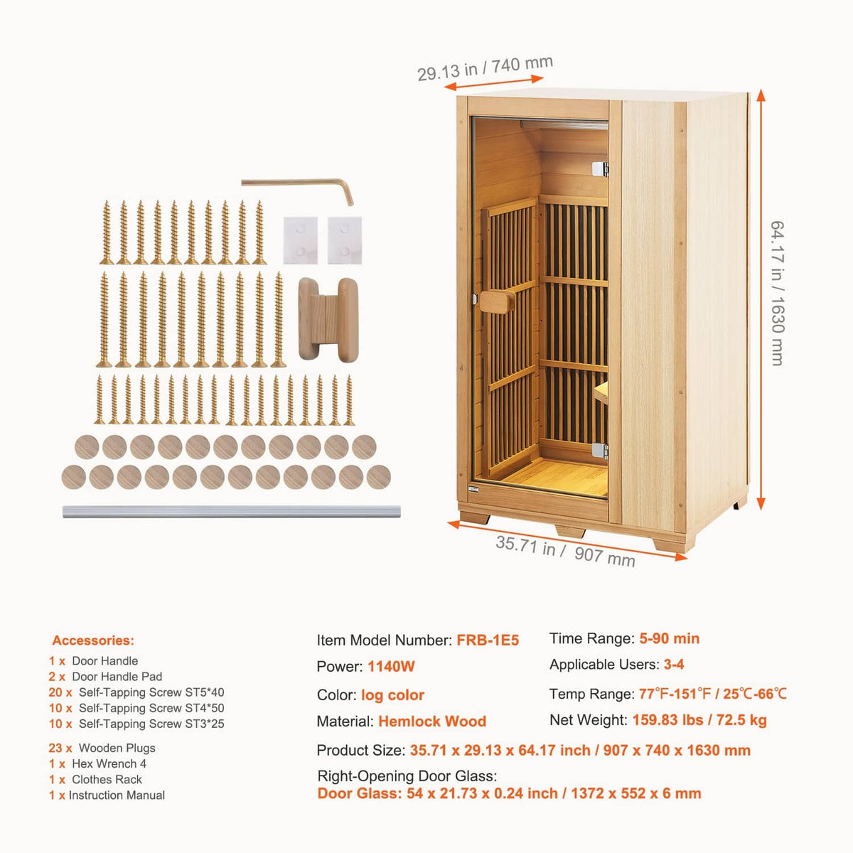 Sauna kit parts with wooden panels, glass, and assembly hardware