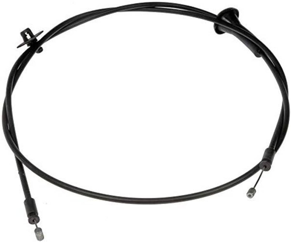 Black hood release cable with metal end terminals and mounting clip.