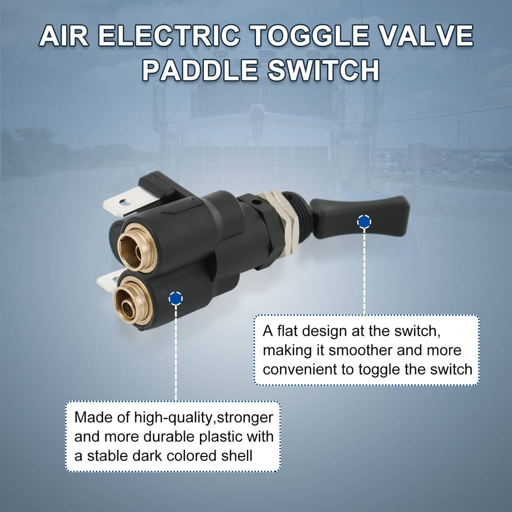Air electric toggle valve paddle switch with black shell, metal bracket, and two brass ports
