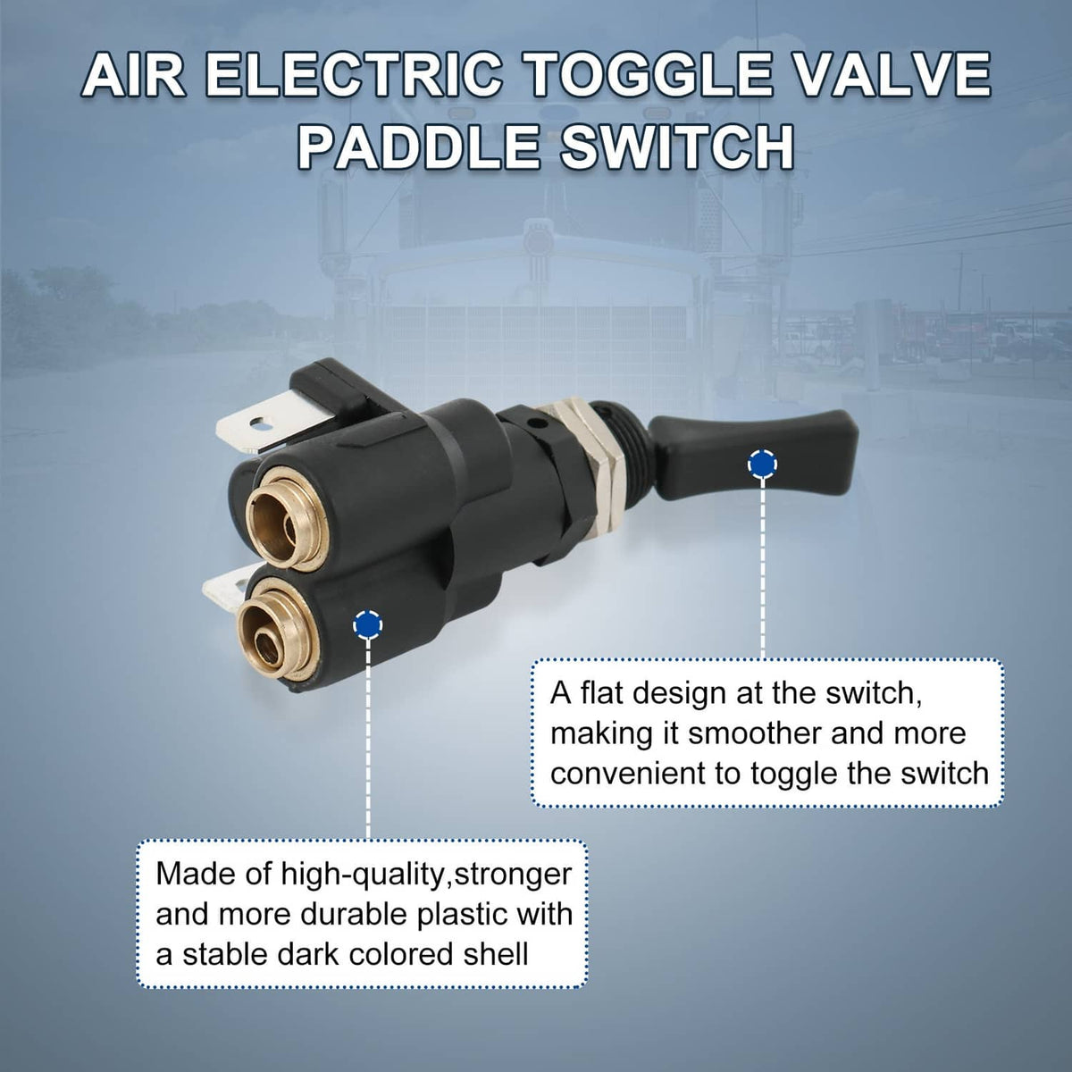 Air electric toggle valve paddle switch with black shell, metal bracket, and two brass ports