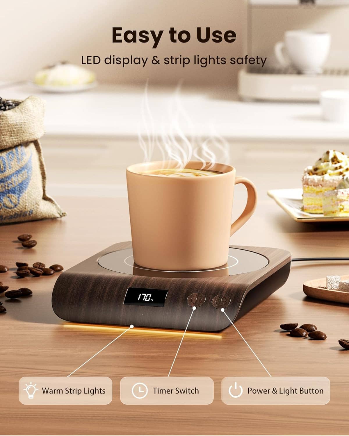 Coffee mug warmer with warm strip lights and LED display on dark brown base