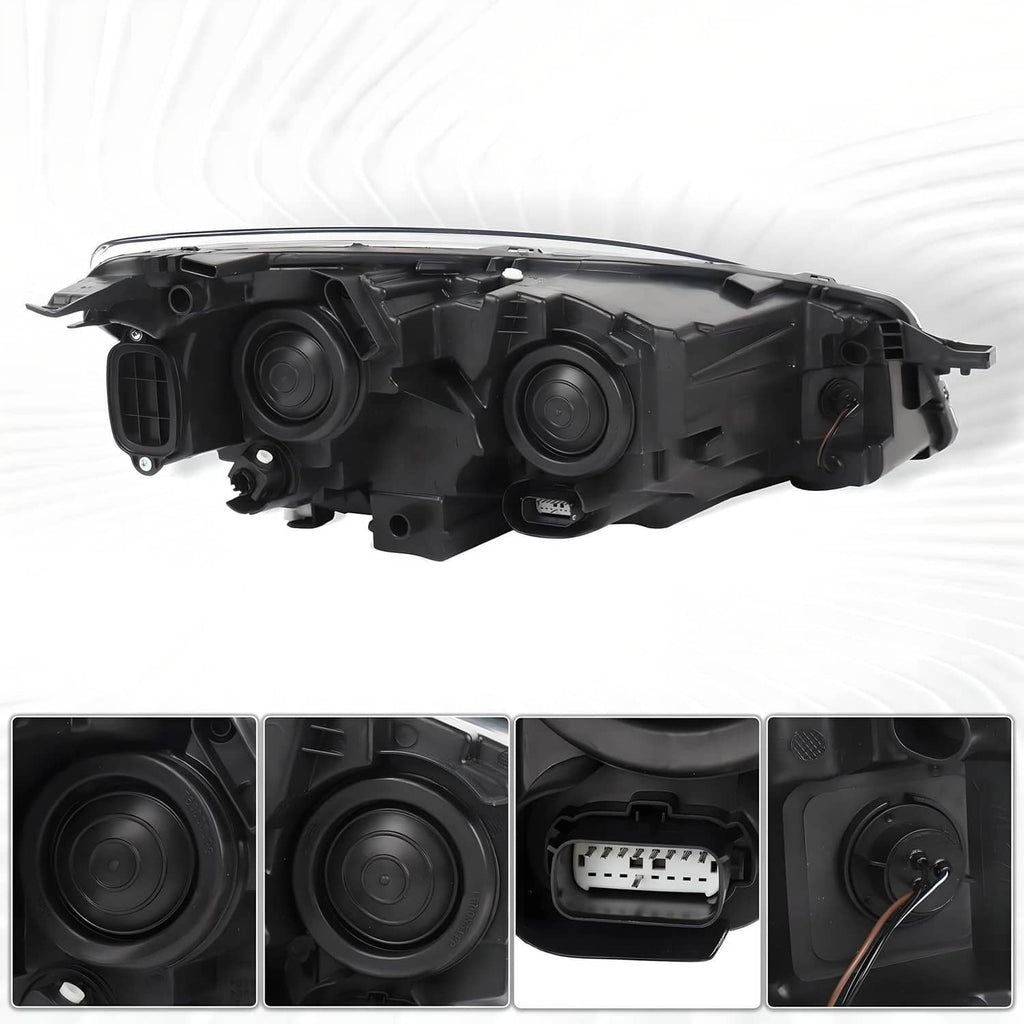Left headlight housing assembly with dual projector bowls and wiring connector, rear view