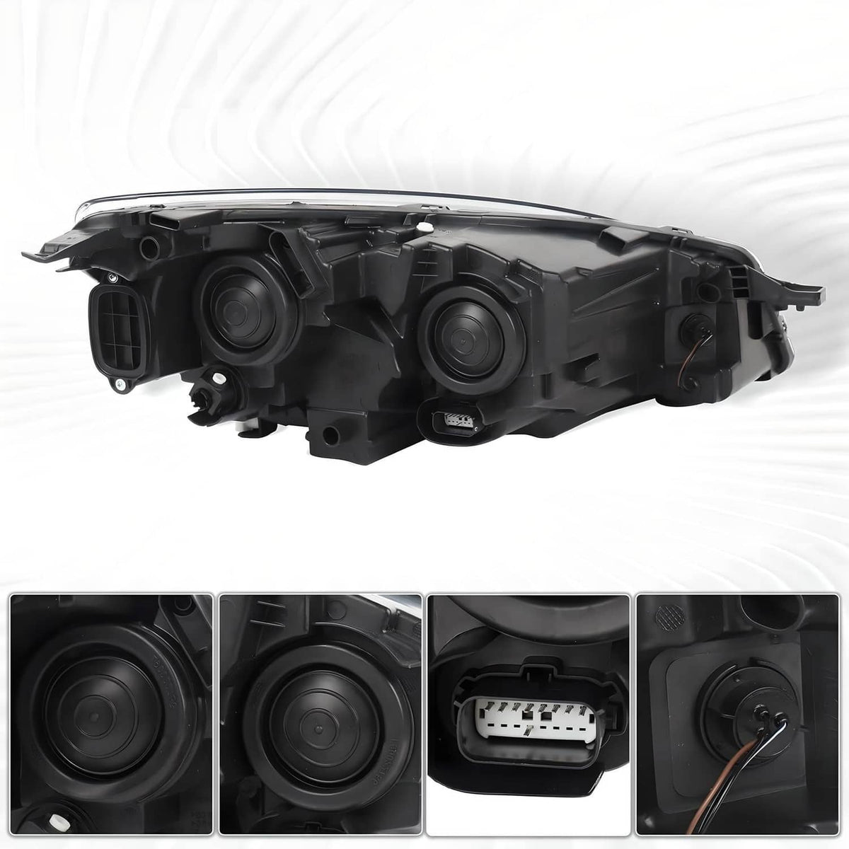 Left headlight housing assembly with dual projector bowls and wiring connector, rear view