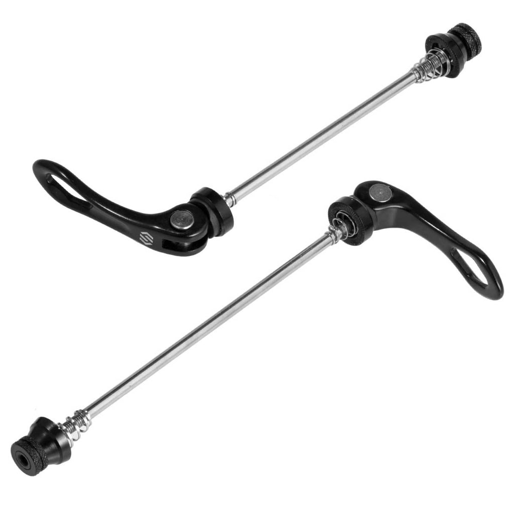 Pair of black quick release skewers with curved lever handles and threaded ends