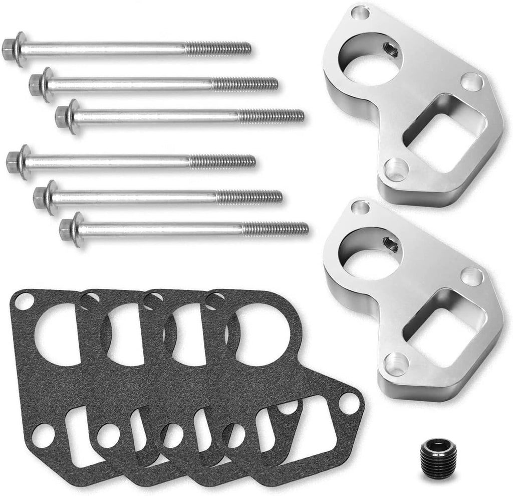 Water pump spacer adapter kit with aluminum spacers, bolts, and black gaskets