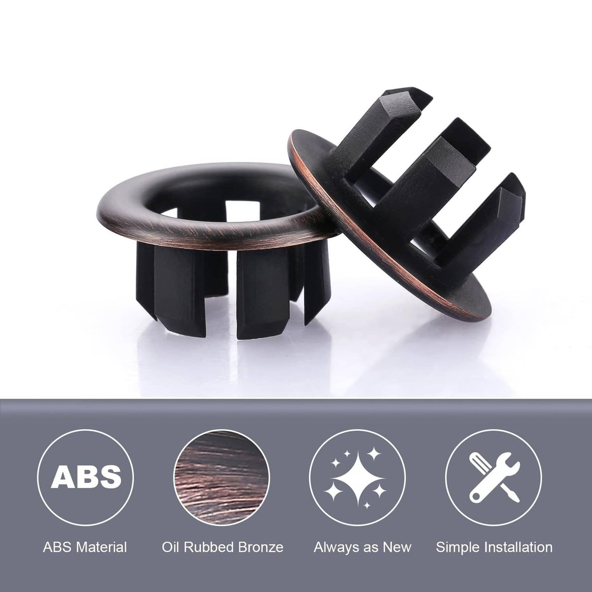 Sink overflow ring, black circular ring with bronze-toned outer edge and mounting clips