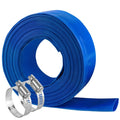 Blue pool backwash hose roll with two silver metal hose clamps and long tube