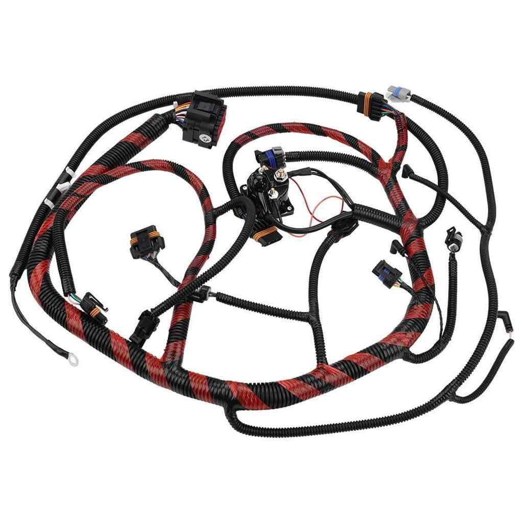 Engine wiring harness cable assembly with braided red-and-black loom and plug connectors
