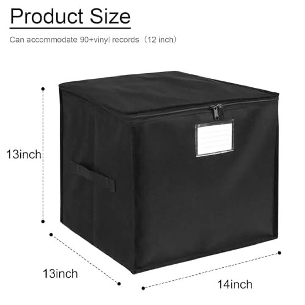 Black waterproof vinyl record storage box with zipper lid, size diagram with 12-inch