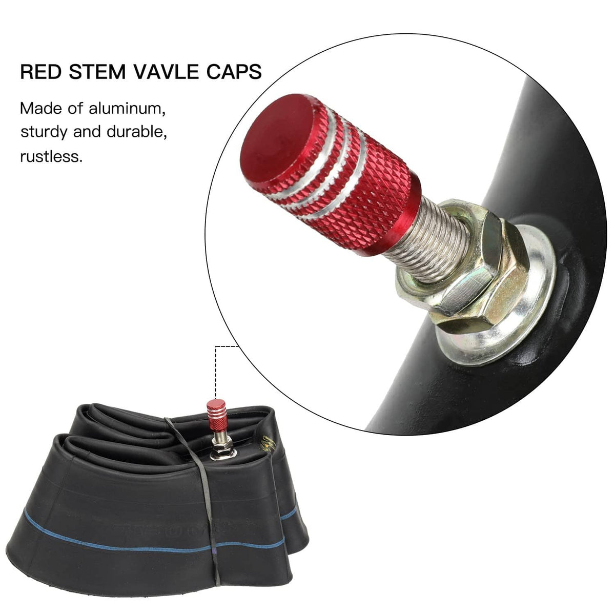 Black inner tube with red stem valve cap and metal valve core detail