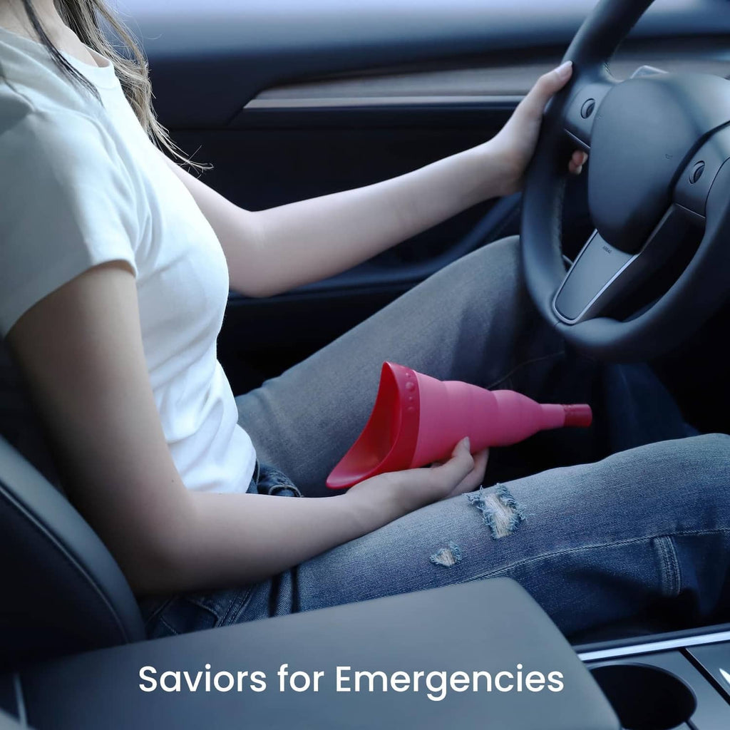Pink foldable female urinal device held in a car seat for emergency use