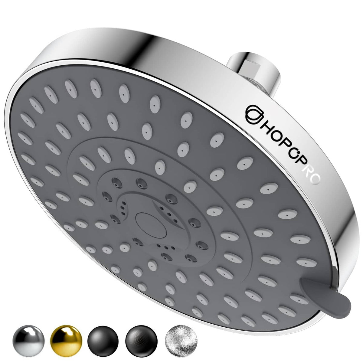 Chrome 6-inch fixed shower head with HOPOPRO logo and gray spray face