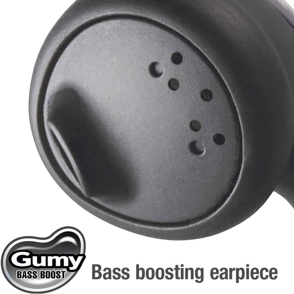 Black in-ear earbud headphones with speaker grille and Gumy Bass Boost badge