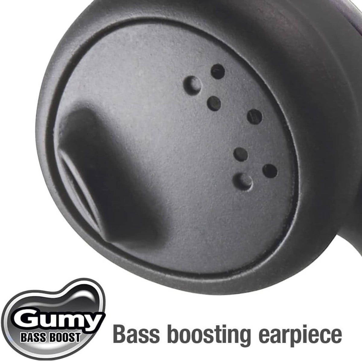 Black in-ear earbud headphones with speaker grille and Gumy Bass Boost badge