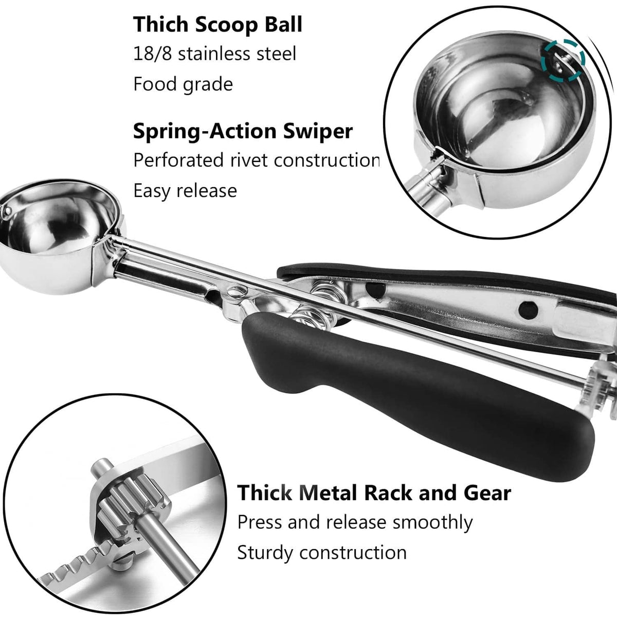 Stainless cookie scoop with black soft-grip handle and perforated ball head