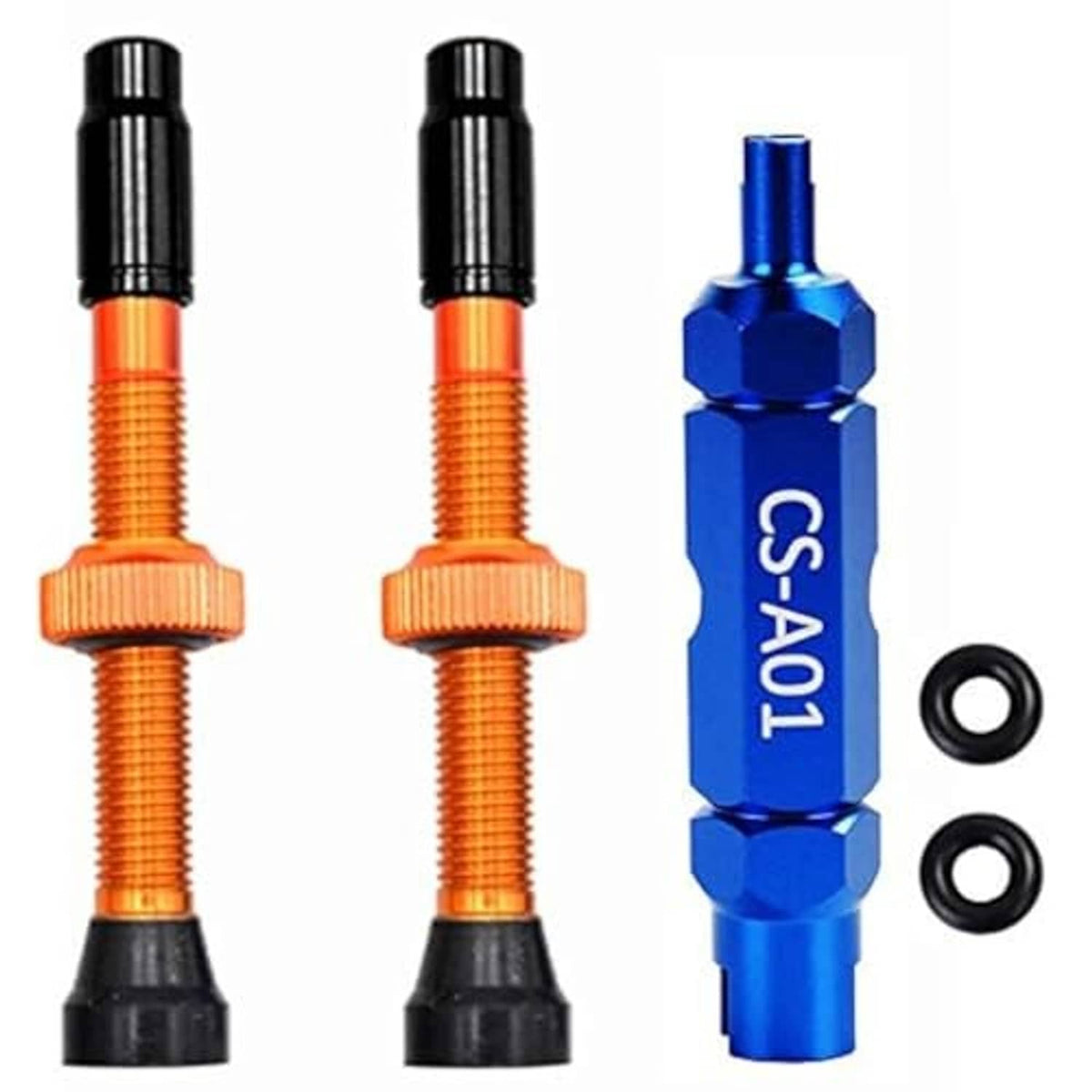 Orange Presta tubeless valve stem kit with black base, two stems and blue cap piece