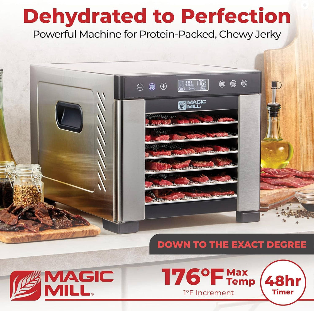 Stainless food dehydrator machine with open front door and stacked drying trays inside
