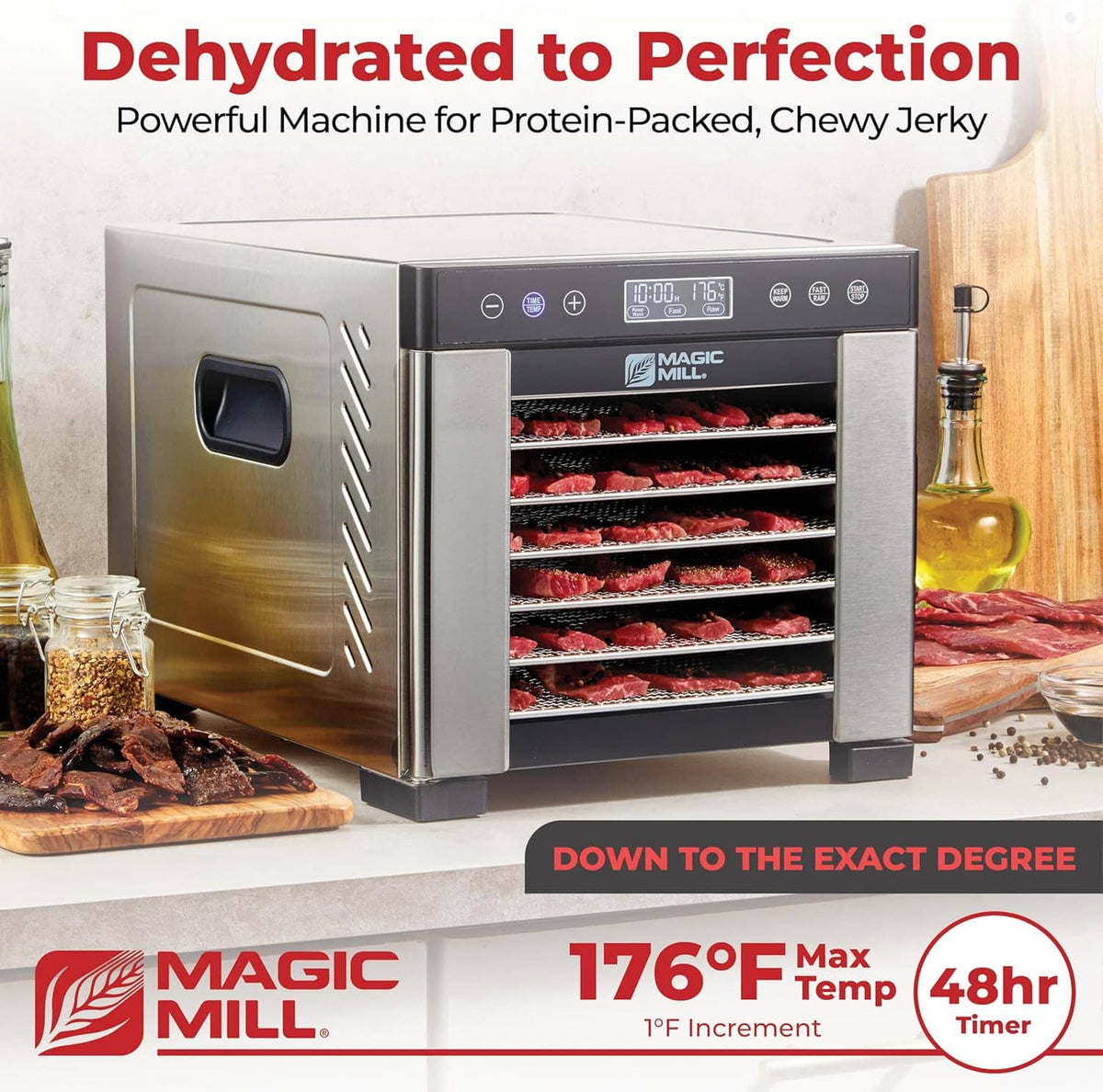 Stainless food dehydrator machine with open front door and stacked drying trays inside