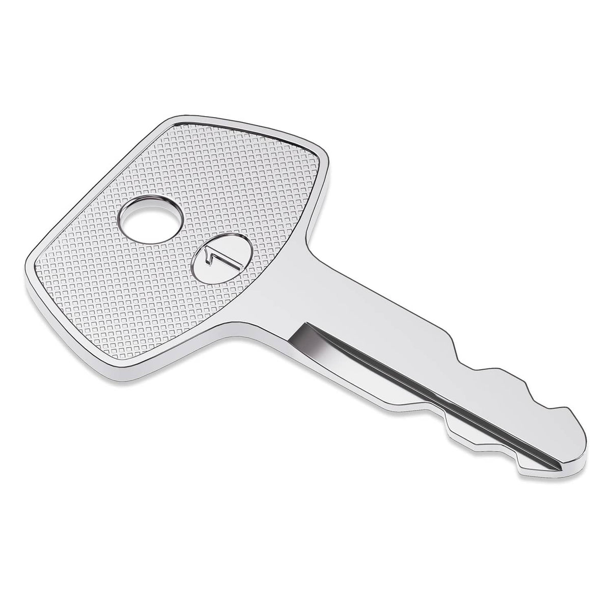 Silver ignition key with textured bow and circular numbered emblem, metal teeth