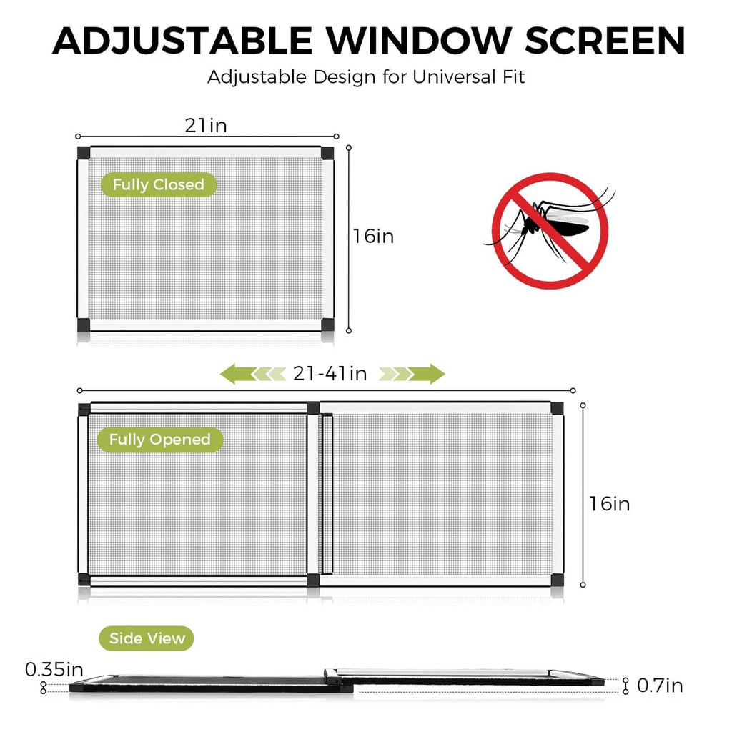Adjustable window screen with mesh panel and black side guides, shown in fully open/closed layout