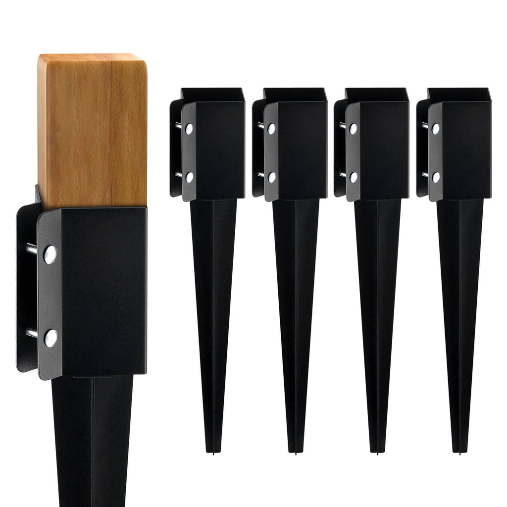 4-pack metal fence post ground spike anchors with black brackets and pointed stakes
