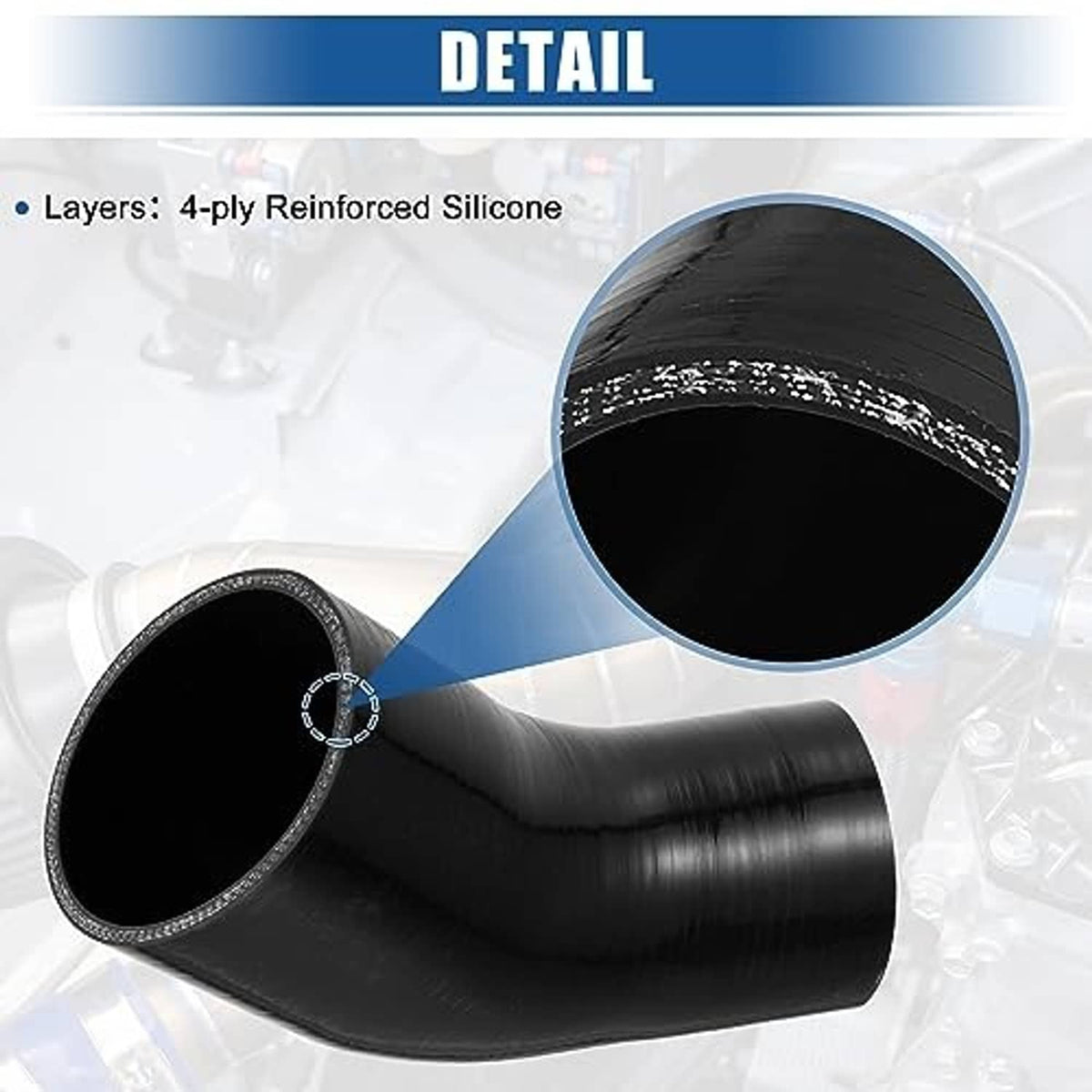 Black 45-degree 4-ply reinforced silicone hose elbow reducer, angled close-up