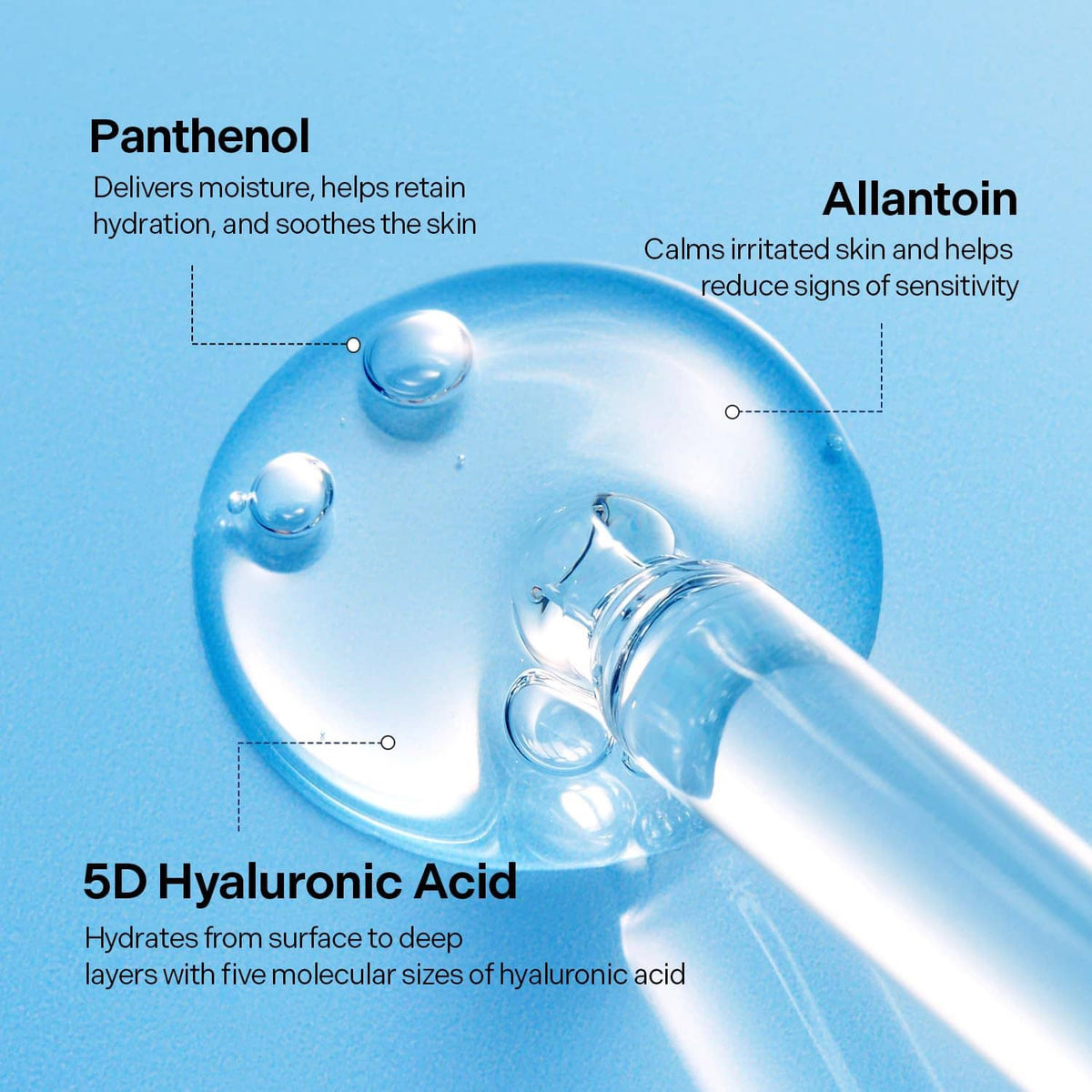 Hyaluronic acid serum bottle with water droplet graphic and ingredient callouts