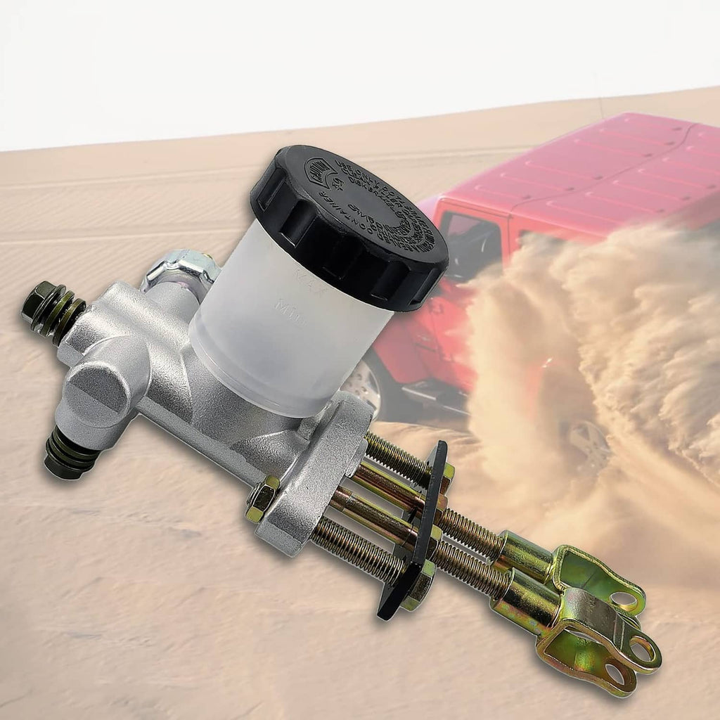 Hydraulic brake master cylinder with black cap, silver body, and gold mounting clips