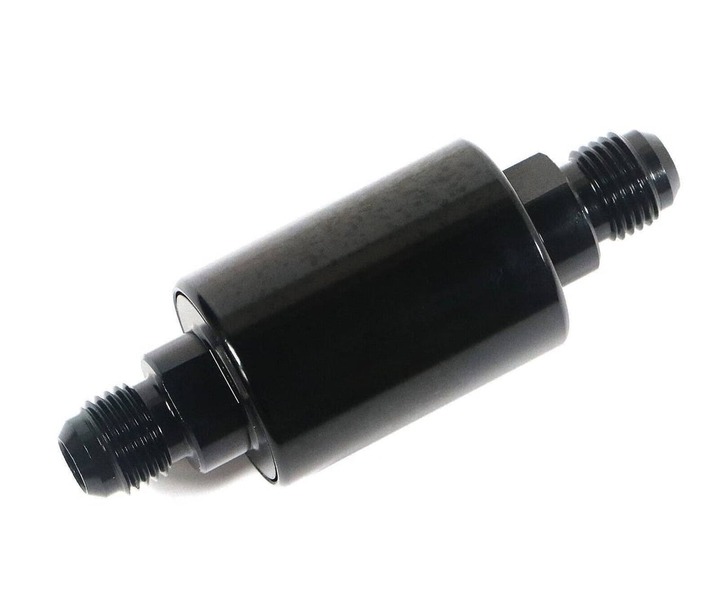 Inline AN6 fuel filter, close side view showing both threaded AN6 connections
