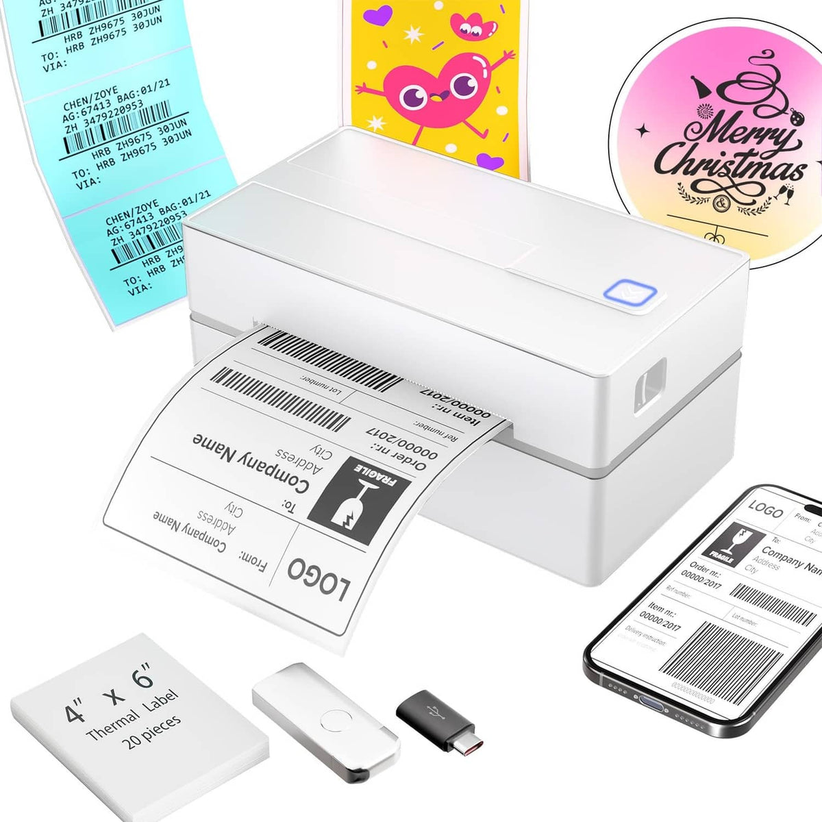 White 4x6 thermal shipping label printer with label feed slot and status light