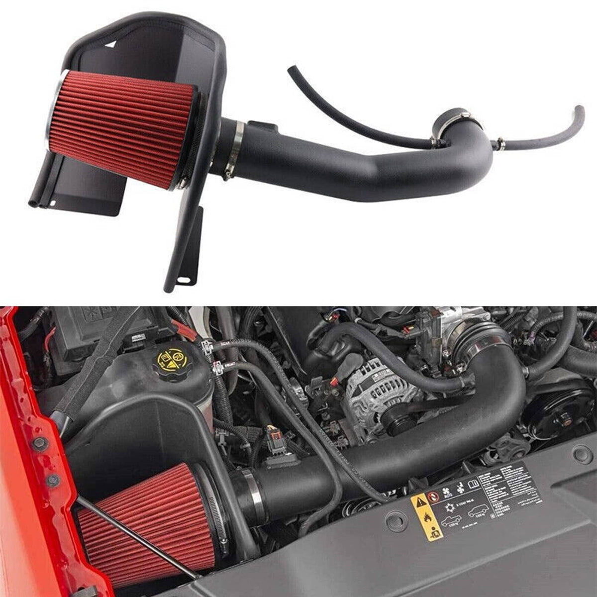 Cold air intake kit installed in engine bay with red filter and black intake tubing