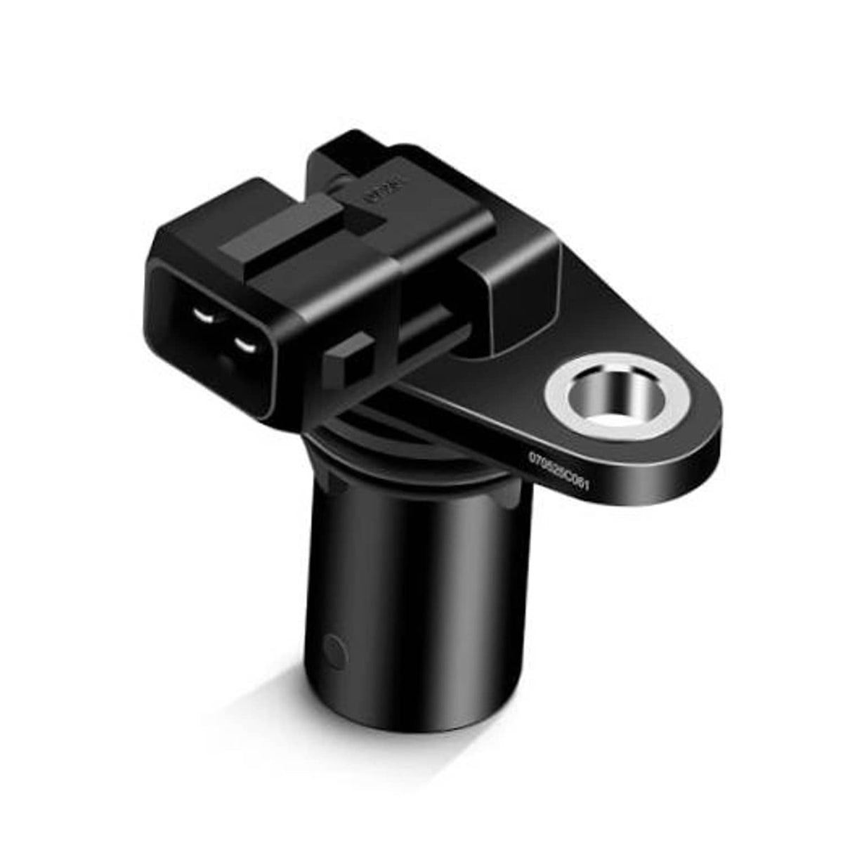 Camshaft position sensor in black with silver mounting ring and connector plug