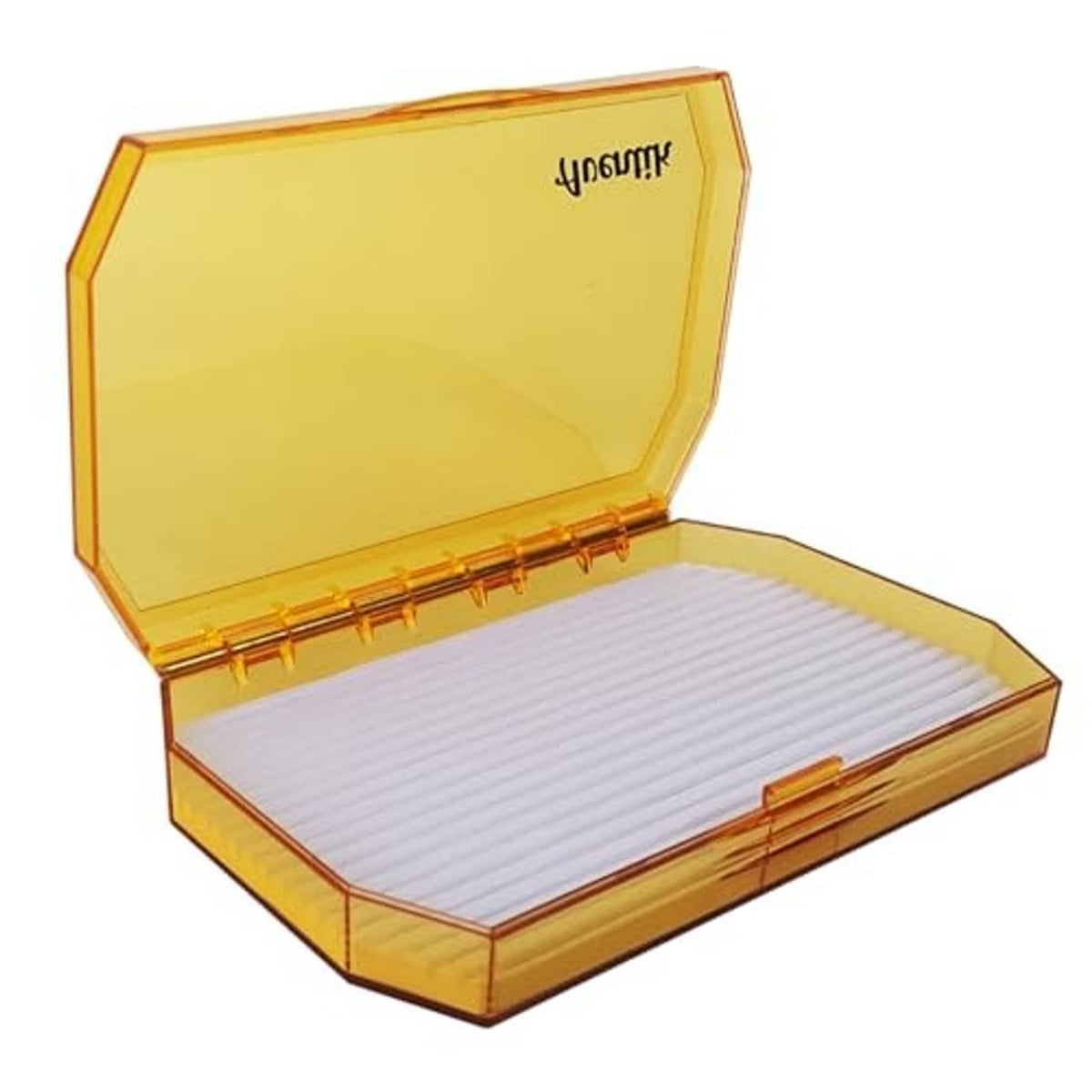 Yellow fly fishing box open with clear lid and striped insert tray for flies