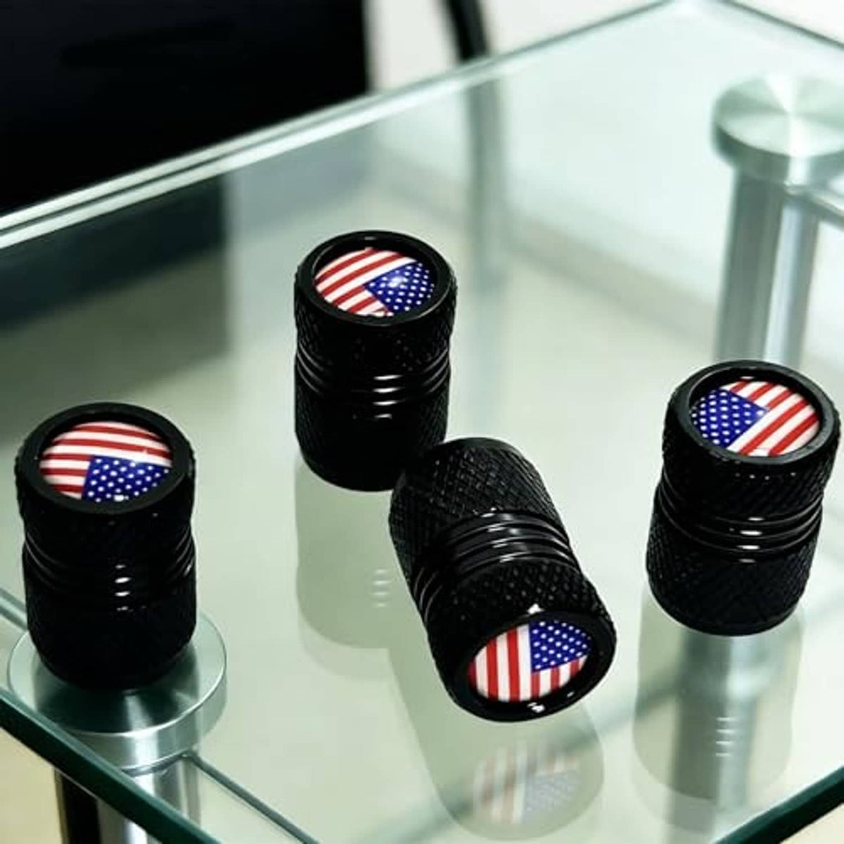 Black knurled car valve stem caps with round US flag inserts