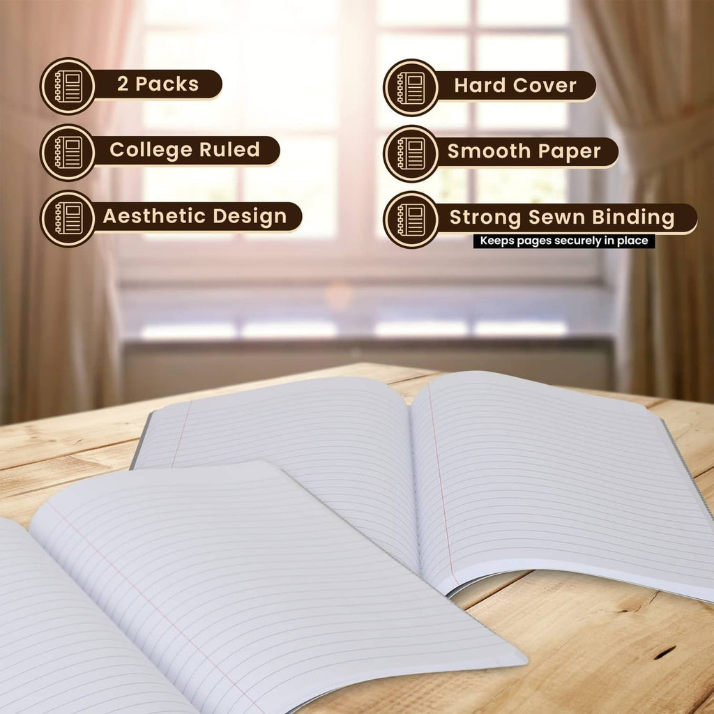 Opened pair of hard-cover college-ruled composition notebooks, smooth writing paper
