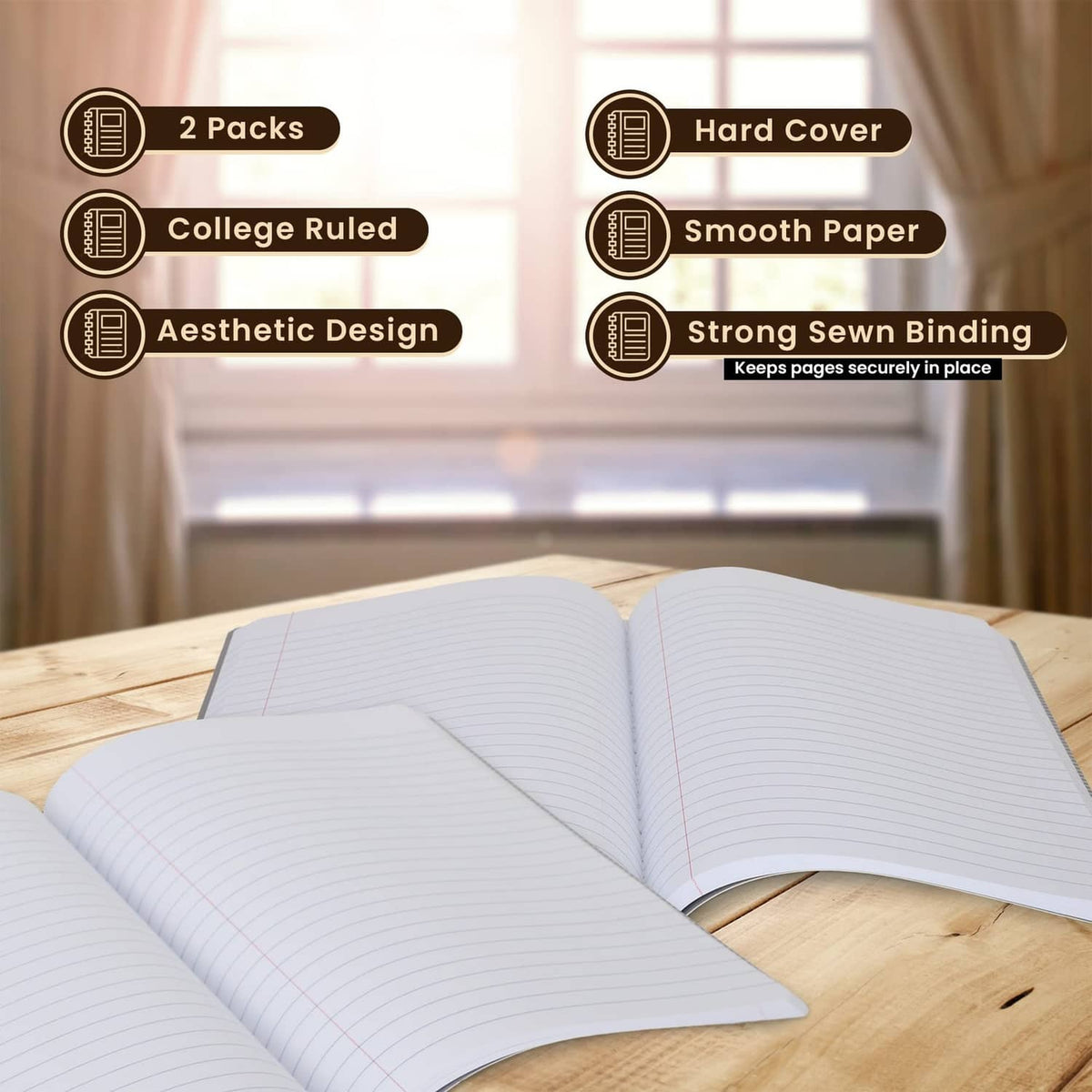 Opened pair of hard-cover college-ruled composition notebooks, smooth writing paper