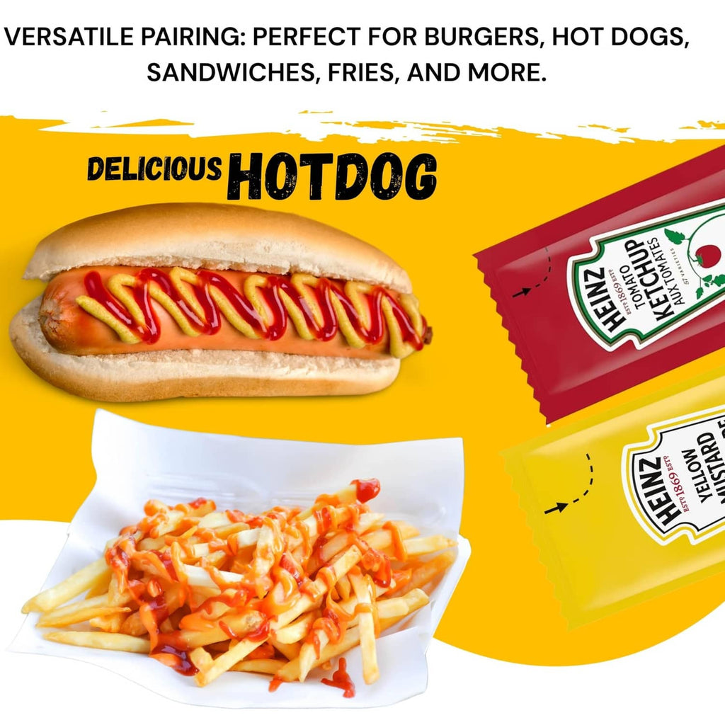 Heinz ketchup and mustard condiment packets shown with hot dog and fries