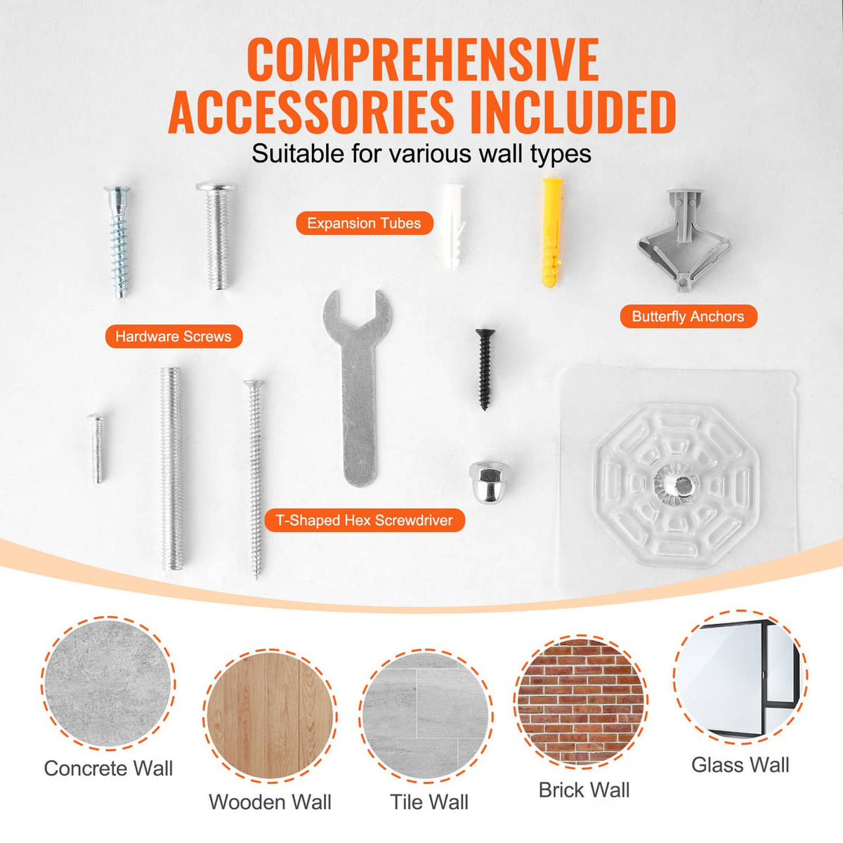 Wall-mount hardware kit for cat shelves, including screws, expansion tubes, and anchors