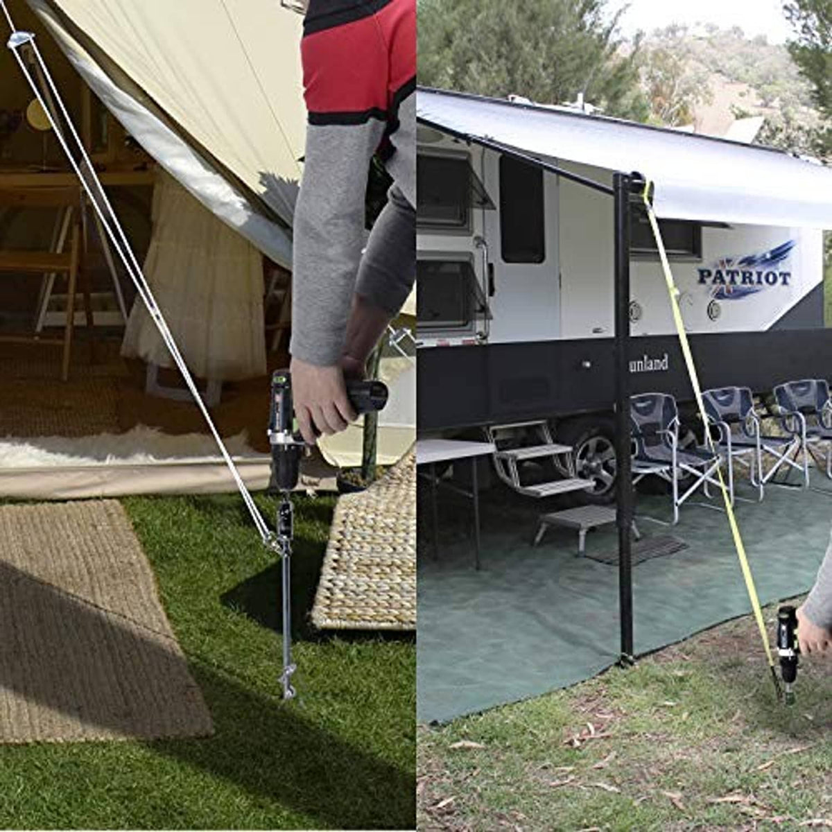Screw-in ground anchor securing a tent tie-down line by a spiral spike