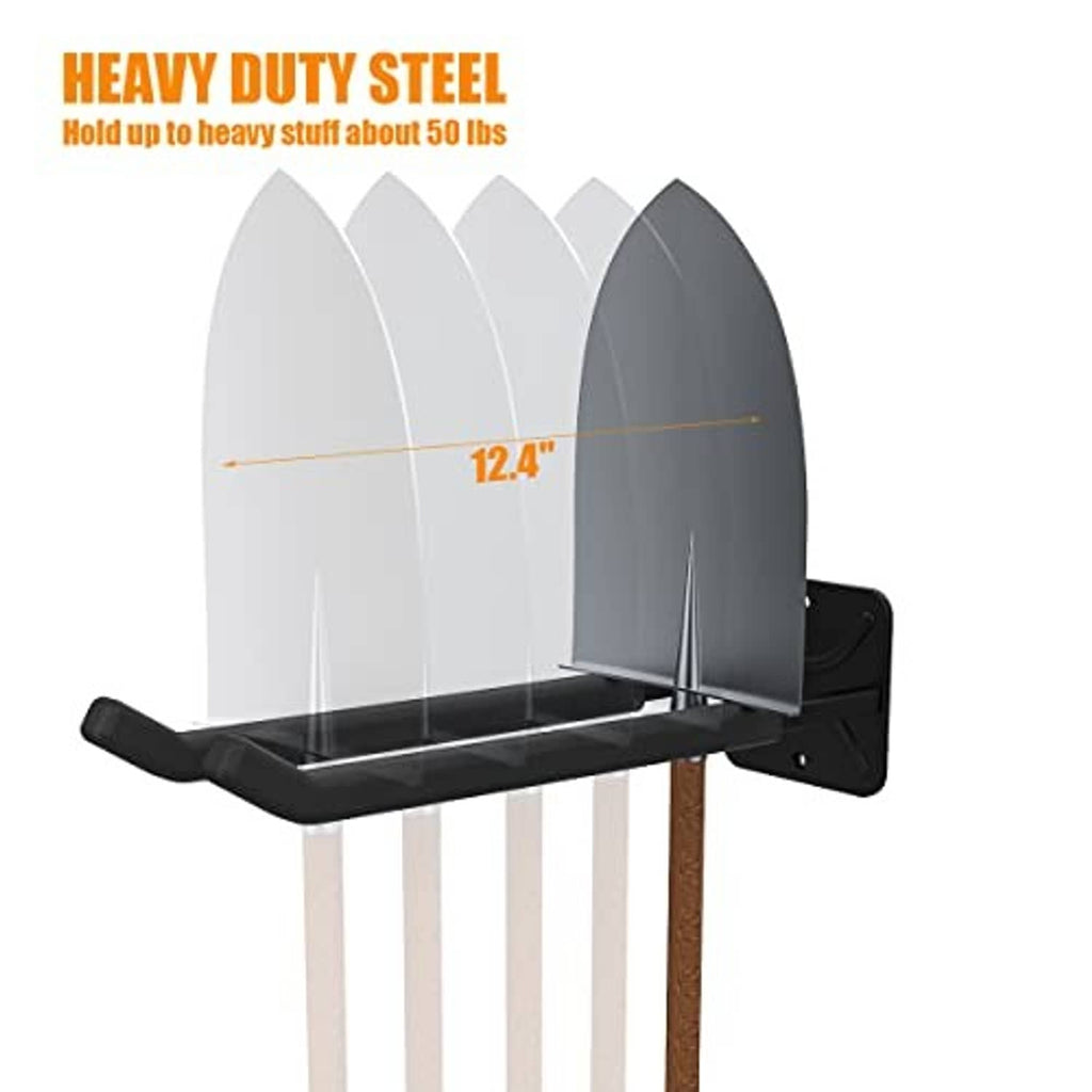Black metal wall-mounted tool hook rack with long double hooks for hanging tools